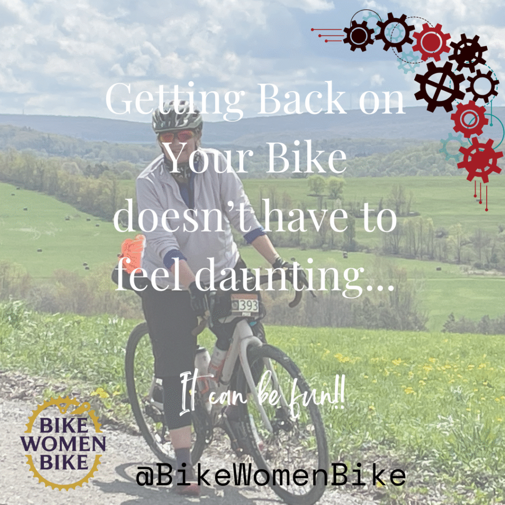 image of donna price on her bike with hills in the background. Words on top of image are: Getting back on your bike doesn't have to feel daunting. It can be fun!! @BikeWomenBike
